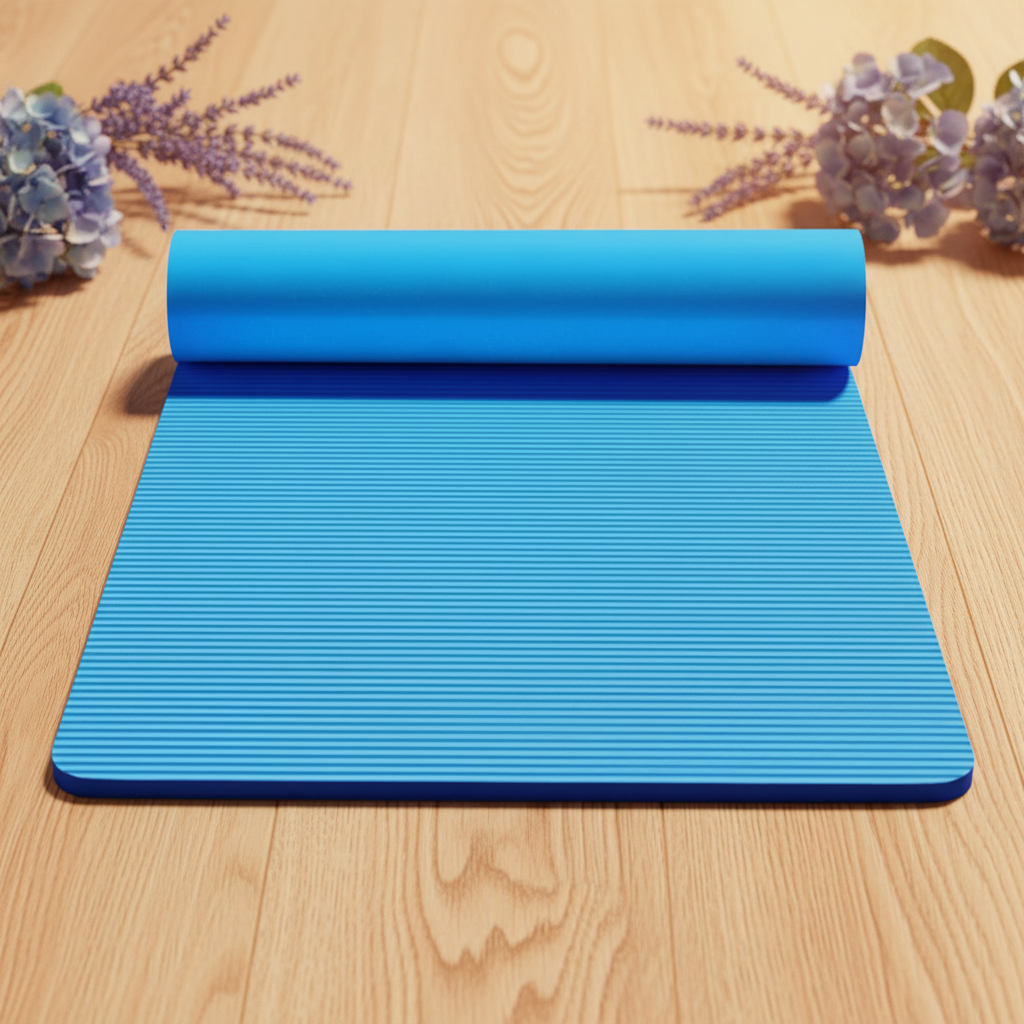 Blue yoga mat with wellness background