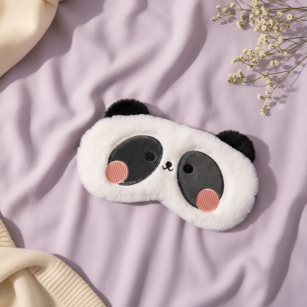 Close-up flat lay panda slaapmasker links schuin