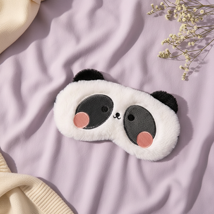 Close-up flat lay panda slaapmasker links schuin