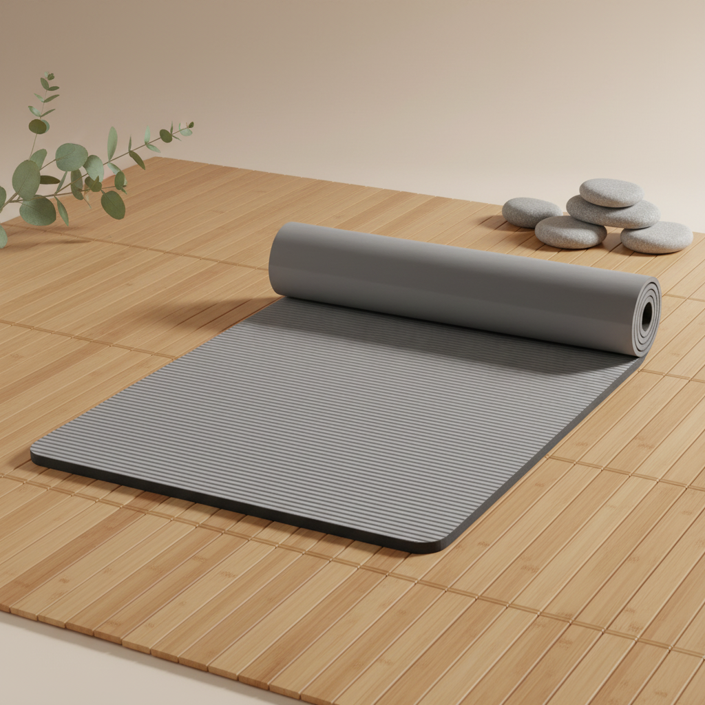 Grey yoga mat with wellness background