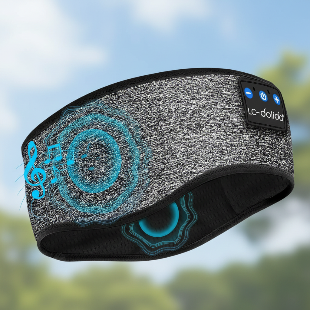 Grijze slaapband met teal accenten en buitenlucht achtergrond