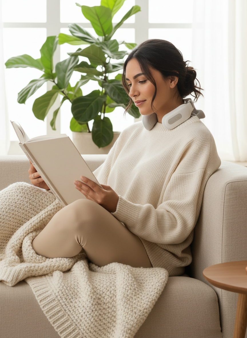 Ingezoomde foto van vrouw met NeckRelief massager