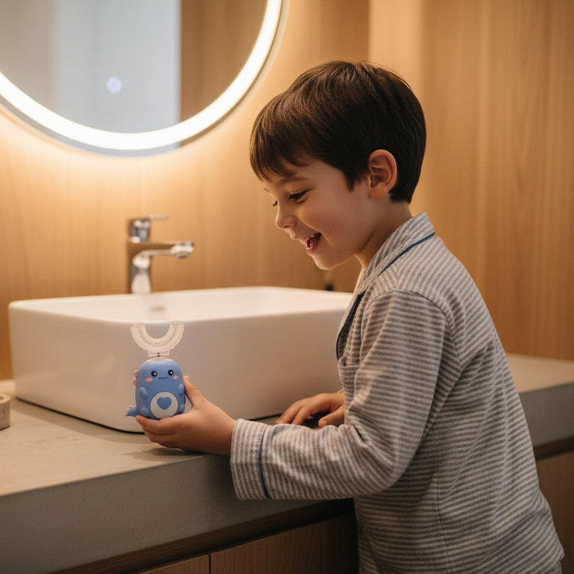Jongetje met kleine blauwe dino tandenborstel in warme badkamer