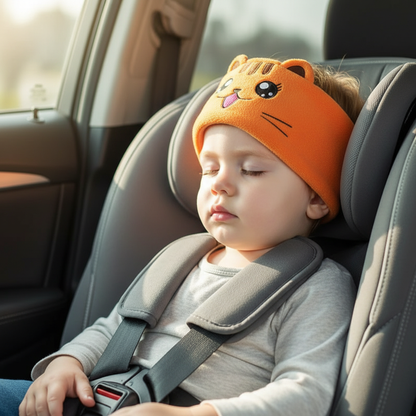 Kind in auto met oranje kat SoundBand over oren