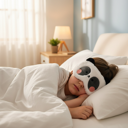 Kind in bed met panda slaapmasker