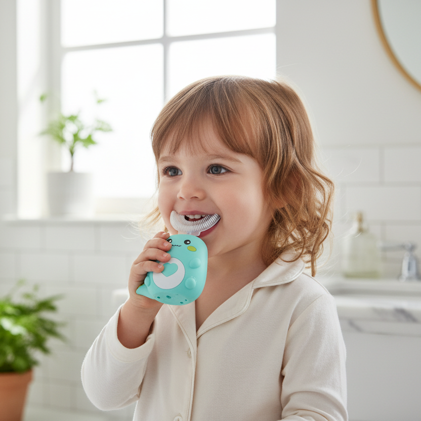 Kind met kleine turquoise dino tandenborstel