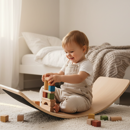 Kind zit op omgekeerd balance board