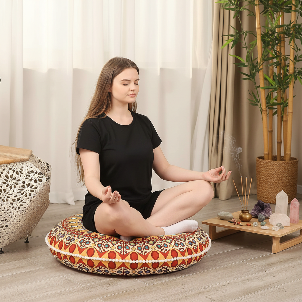 Meditatie in zen ruimte met bamboe