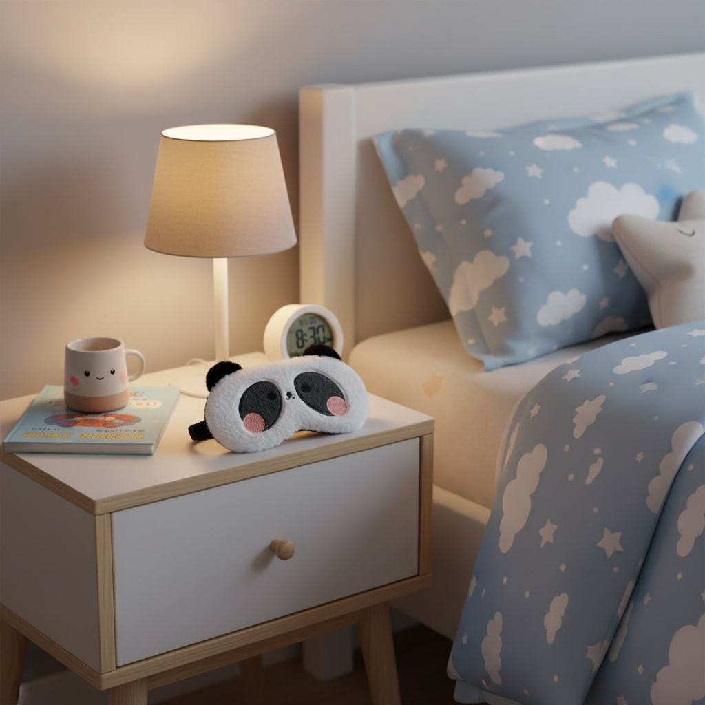 Panda slaapmasker op nachtkastje