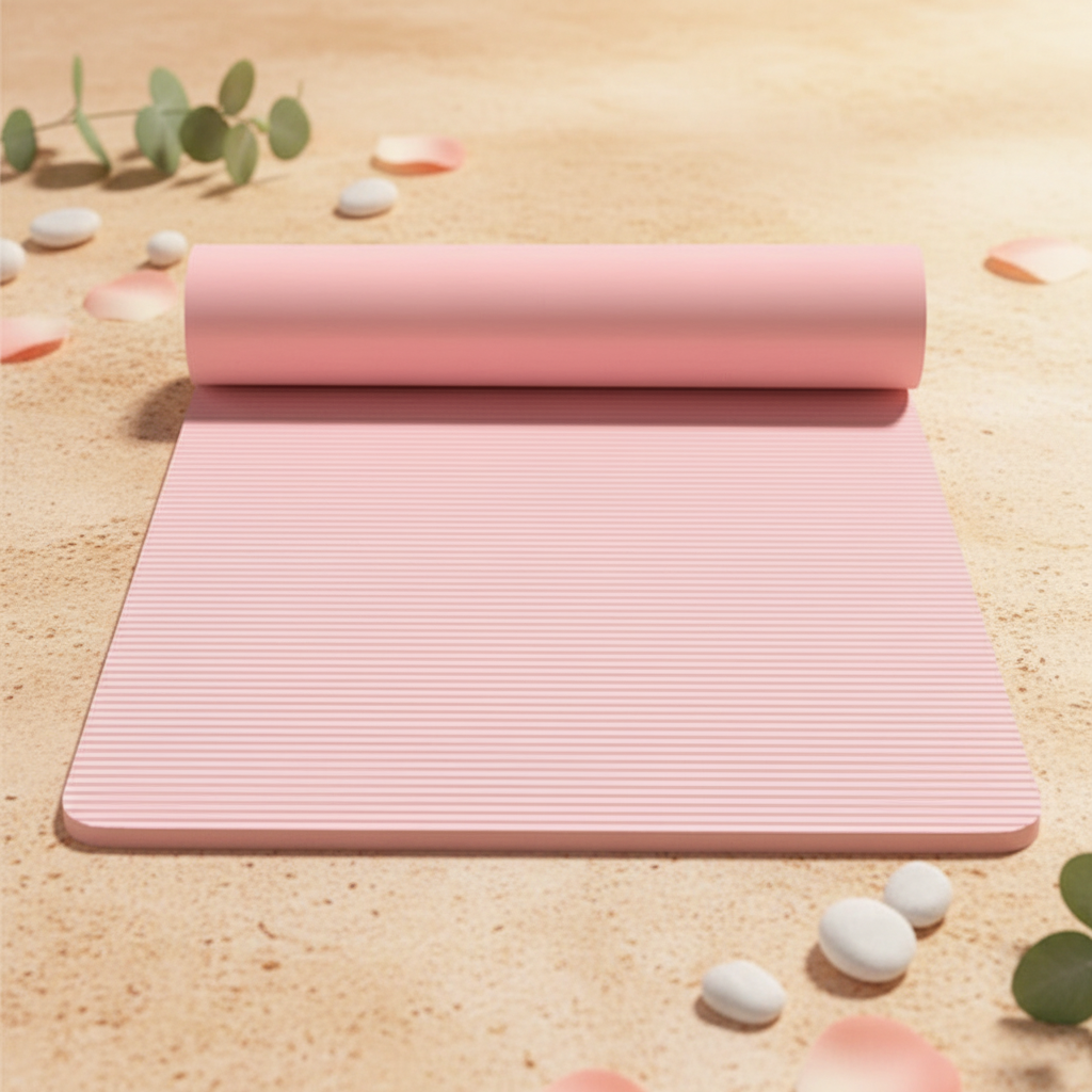 Pink yoga mat with wellness background