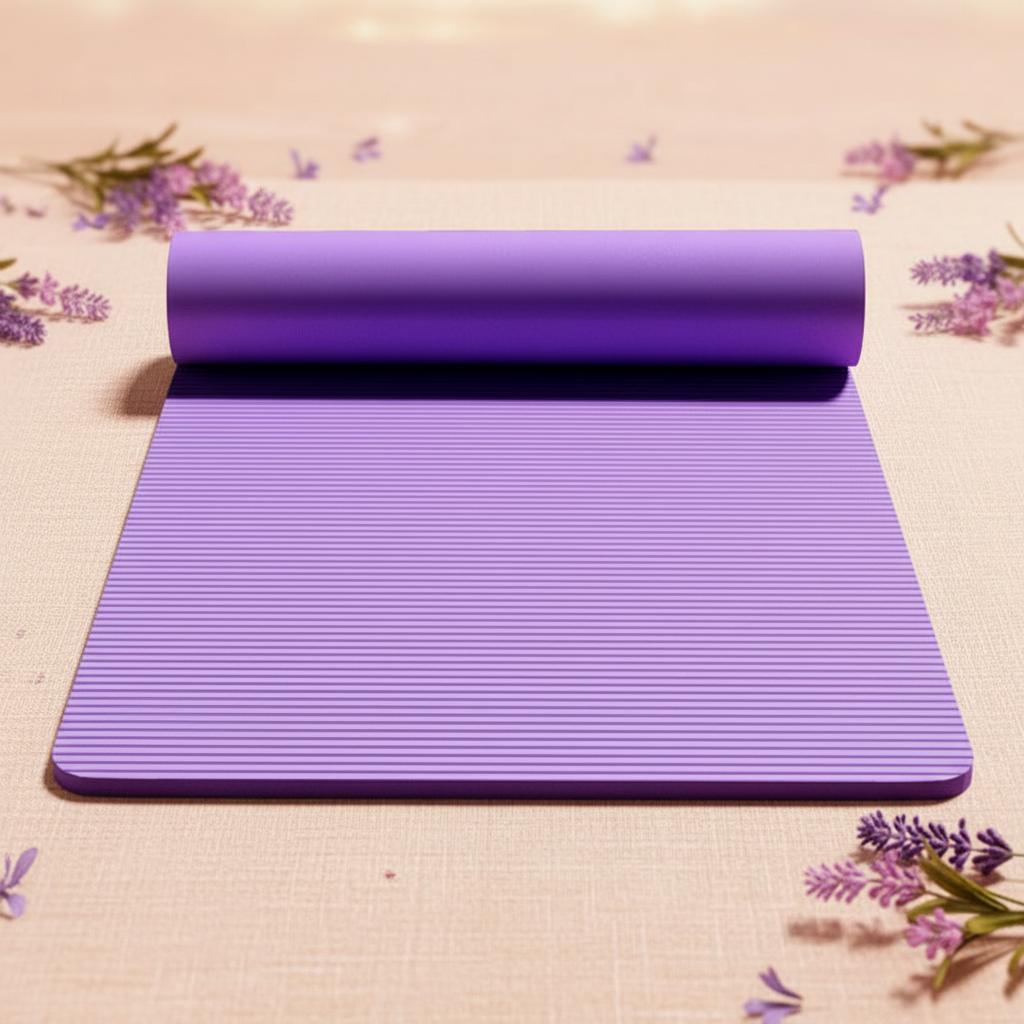 Purple yoga mat with wellness background