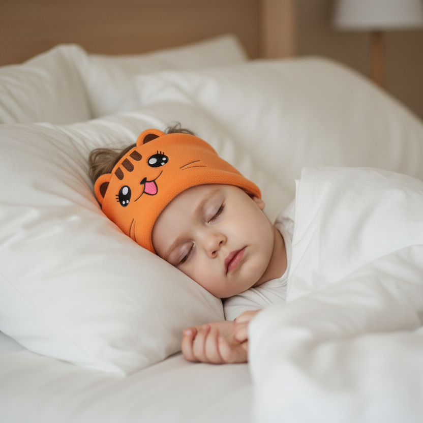 Slapend kind in bed met oranje kat soundband