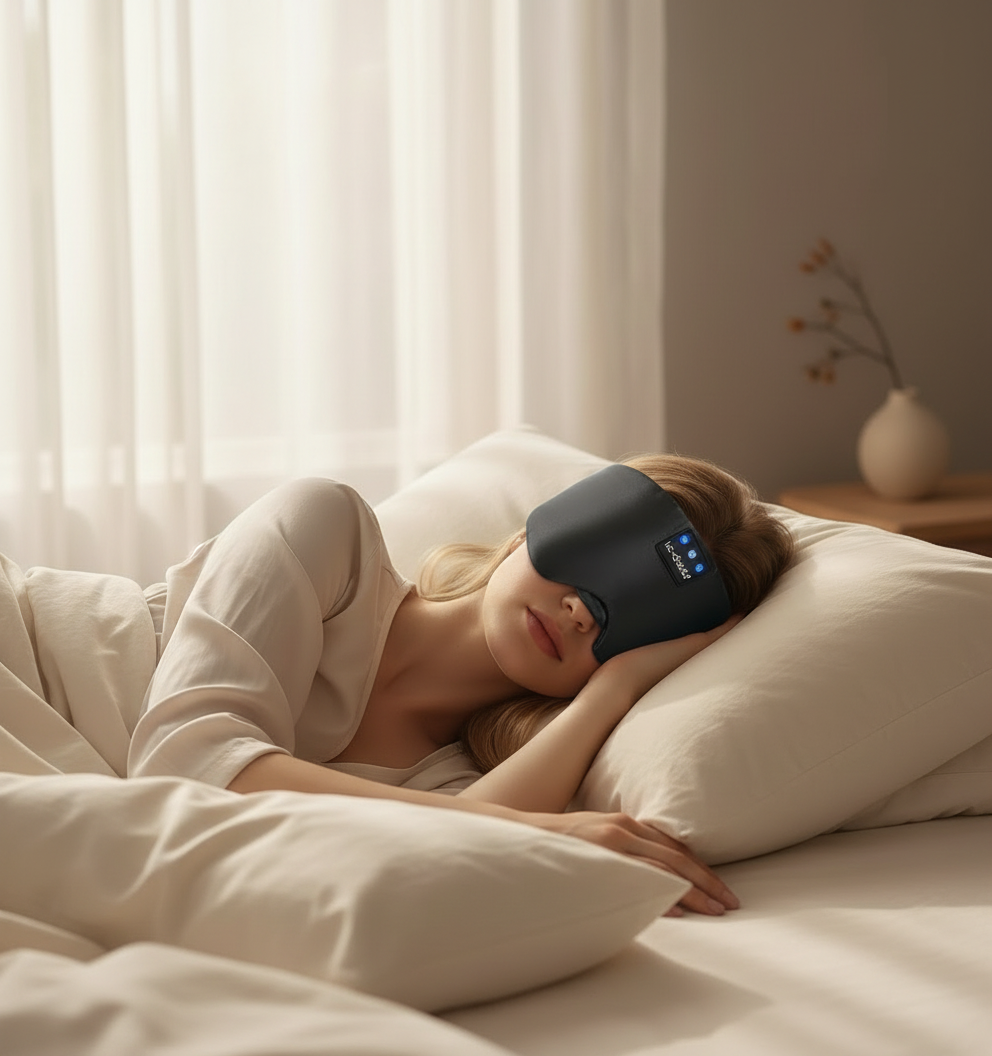 Vrouw slaapt vredig met slaapmasker