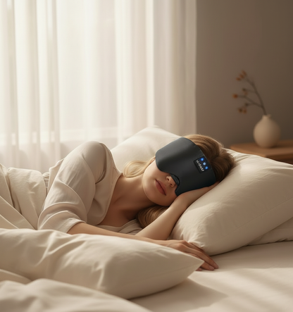 Vrouw slaapt vredig met slaapmasker