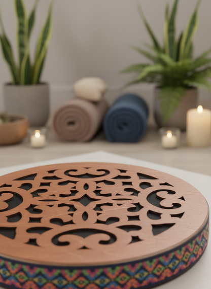 Wooden drum close-up with wellness background