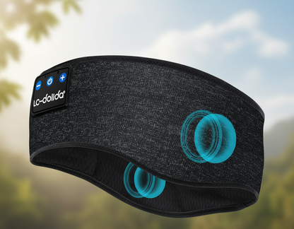 Zwarte slaapband met teal speakers en buitenlucht achtergrond